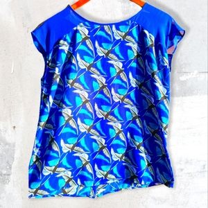 Cobalt Blue & Teal Sparrow Pattern Short-Sleeve w Buttons on Back Flowy Blouse M